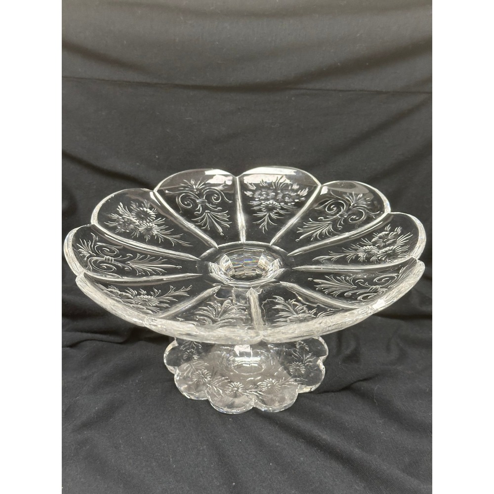 VTG Unbranded Small Pedestal Cake Stand Clear Glass Scalloped Floral Embossed